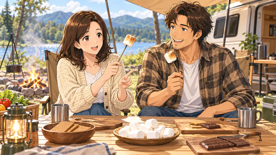 Illustration of the scene described by Speaking of campfire snacks, it has to be roasted marshmallows.