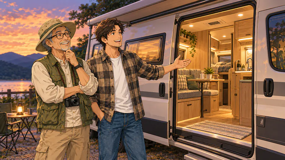Illustration of the scene described by Rather than a car, this campervan is more like a tiny home.