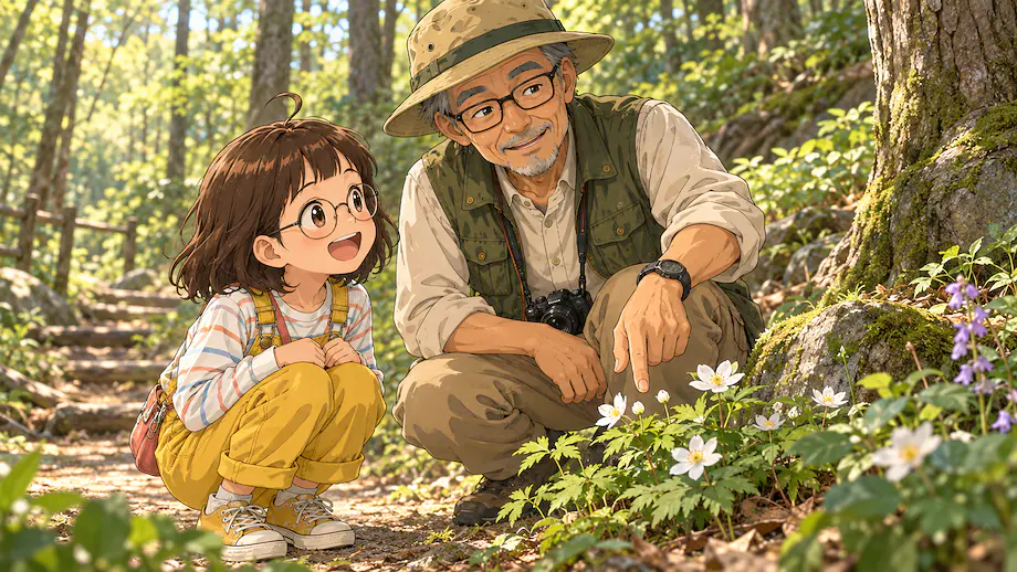 Illustration of the scene described by Grandpa really knows so many kinds of plants, doesn't he?
