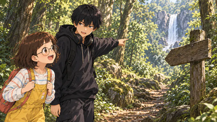 Illustration of the scene described by I heard there is a very beautiful waterfall deep in this forest.