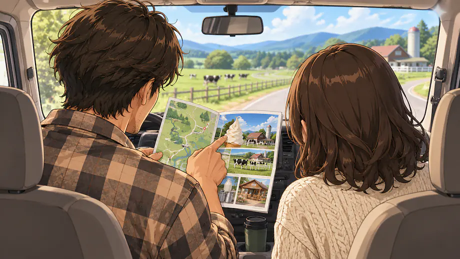 Illustration of the scene described by I heard something like we can eat delicious soft-serve ice cream at a nearby farm.