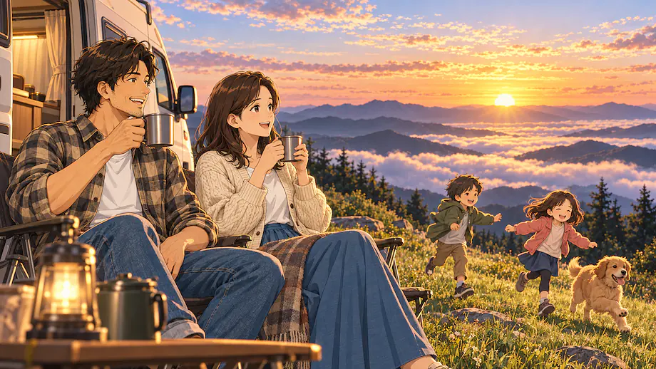 Illustration of the scene described by You could say the sunrise we saw from the mountaintop was the finest view.