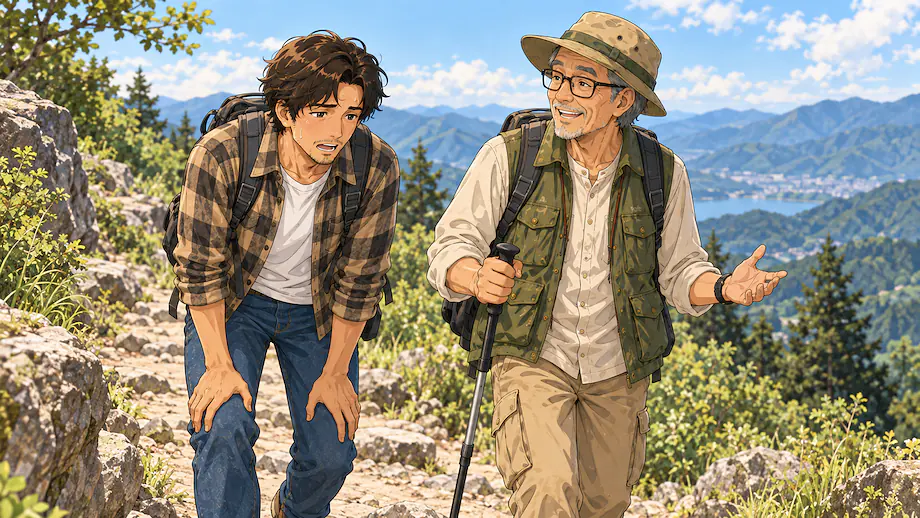 Illustration of the scene described by When you walk in the mountains, you naturally get tired.