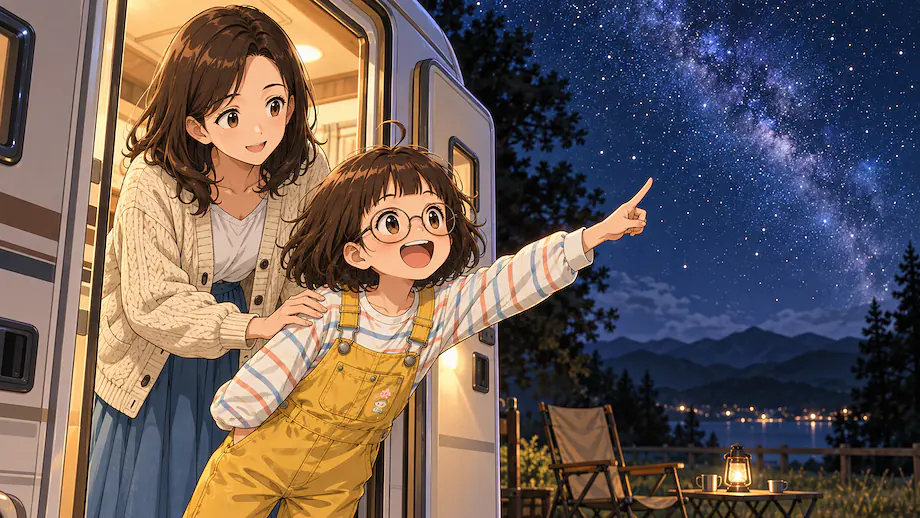 Illustration of the scene described by I don't want to go to sleep yet! The starry sky is so pretty, after all!