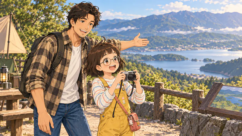 Illustration of the scene described by Since we came all this way, let's take a photo.