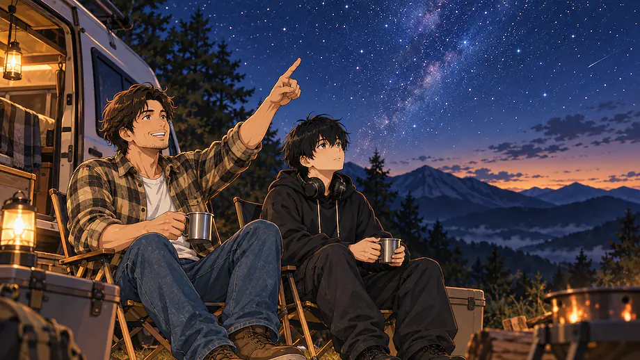 Illustration of the scene described by While camping in the mountains is inconvenient, on the flip side, it is quiet and the stars are very beautiful.
