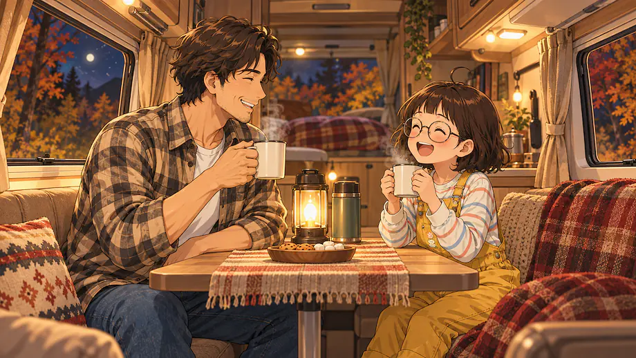 Illustration of the scene described by Even though it is small, this campervan is warm and cozy.
