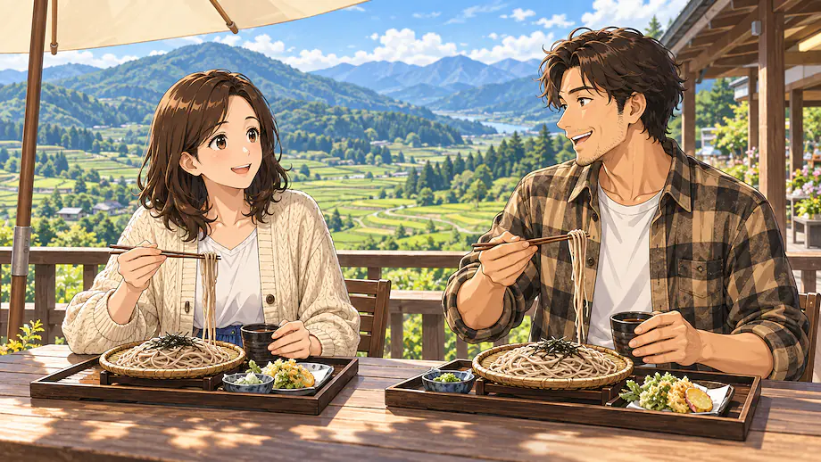 Illustration of the scene described by On top of having delicious food, this roadside station's view is also wonderful.