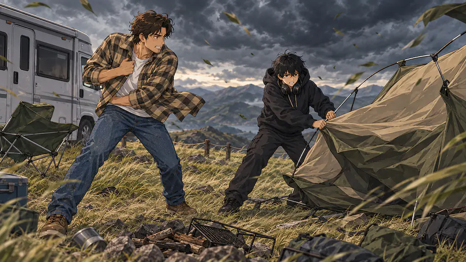 Illustration of the scene described by The wind is so strong that far from having a campfire, we cannot even pitch a tent.