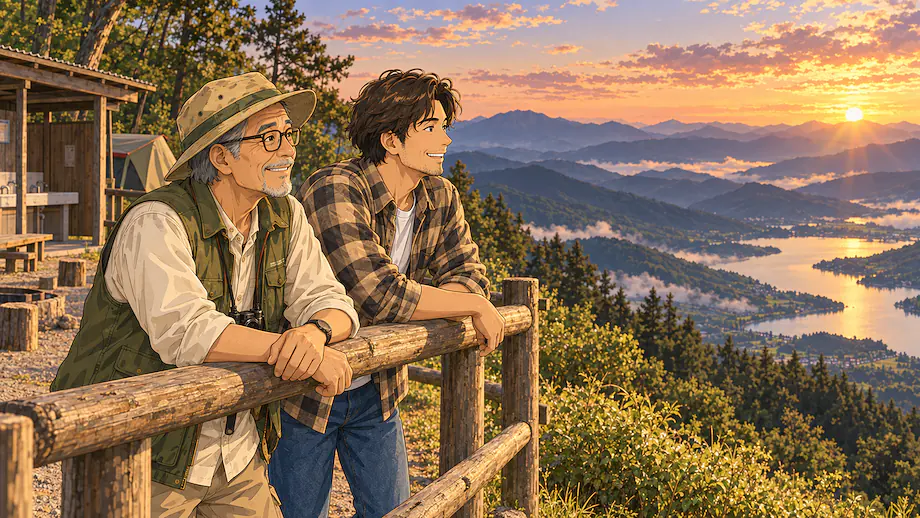 Illustration of the scene described by Setting aside how old the facilities are, this campsite's view is truly wonderful.