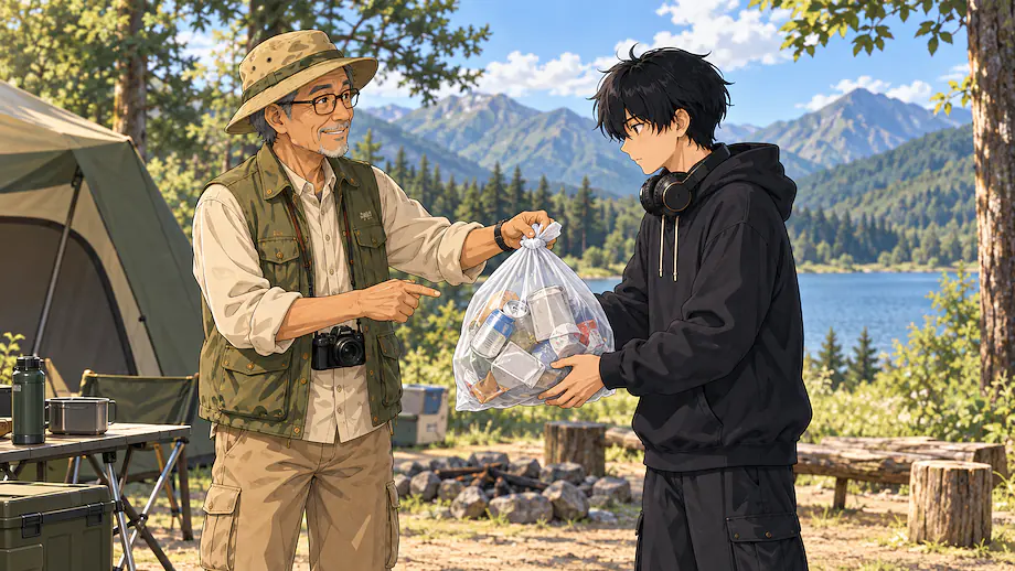 Illustration of the scene described by Trash produced at the campsite should be taken home by oneself.