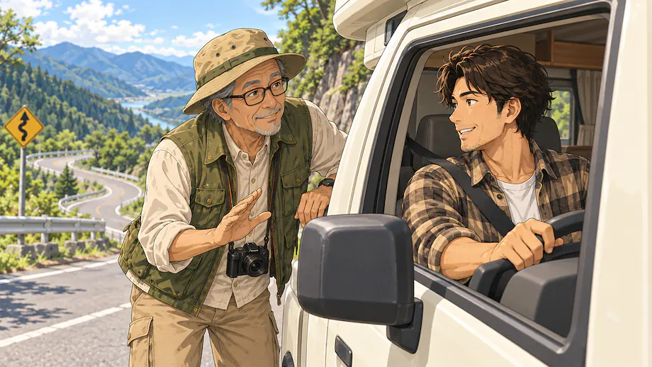Illustration of the scene described by If you want to drive mountain roads safely, the best thing is to reduce speed and drive slowly.