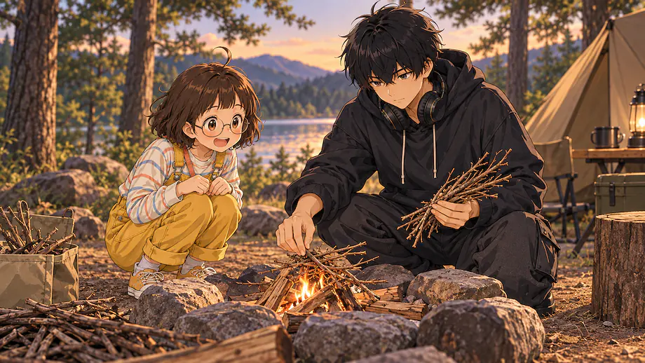 Illustration of the scene described by If the fire is hard to catch, all you have to do is add some dry twigs.