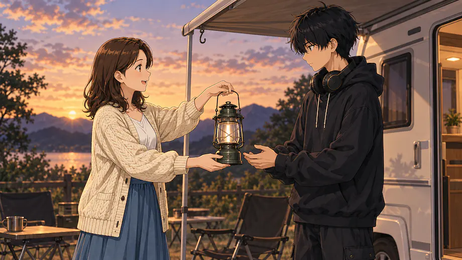 Illustration of the scene described by Before it gets dark, I want Ren to light the lantern.