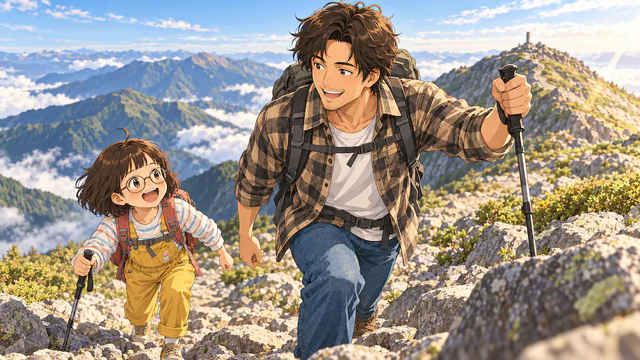 Illustration of the scene described by We are almost at the mountain summit, so let's join forces and hike all the way to the top!