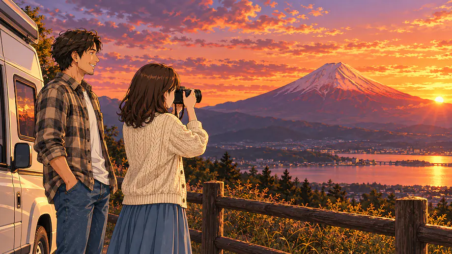 Illustration of the scene described by Looking at Mt. Fuji bathed in the crimson sunset, I couldn't help taking a photo.