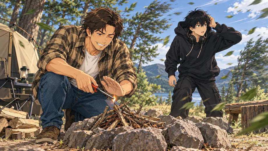 Illustration of the scene described by Just as I was about to light the campfire, a strong wind started to blow.