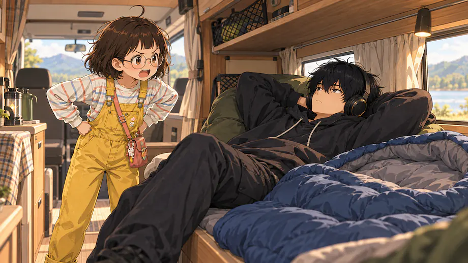 Illustration of the scene described by No matter how many times he is told, Ren shows no willingness to fold up his sleeping bag.