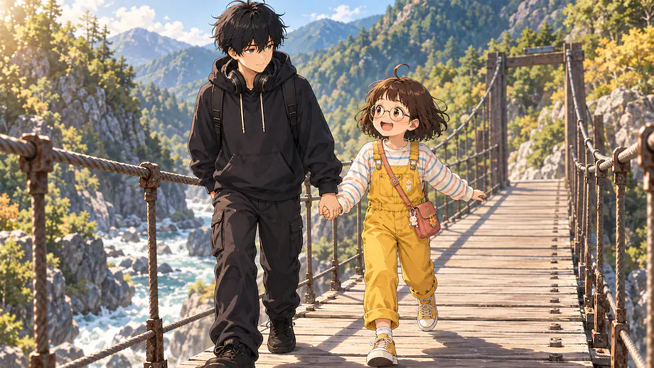 Illustration of the scene described by Ren and Mei held hands and crossed the bridge together.