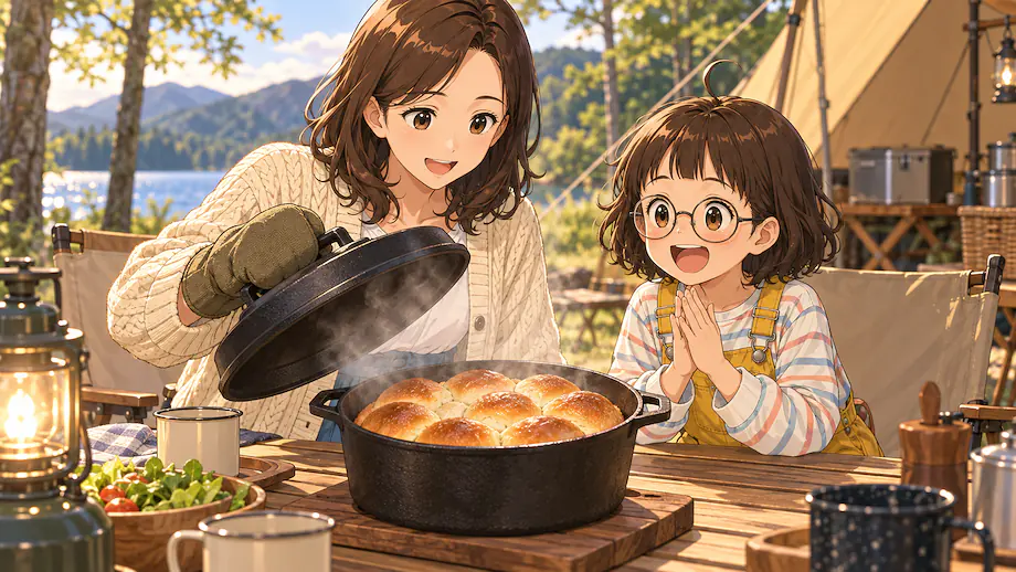 Illustration of the scene described by The delicious bread baked in the Dutch oven has just finished baking right now.