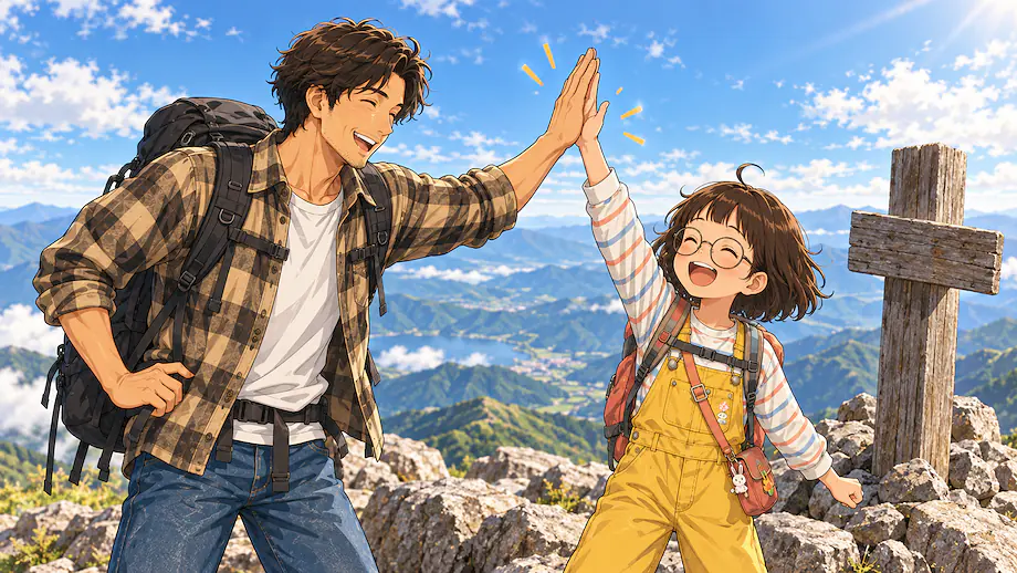 Illustration of the scene described by We hiked the steep mountain trail all the way to the end together.