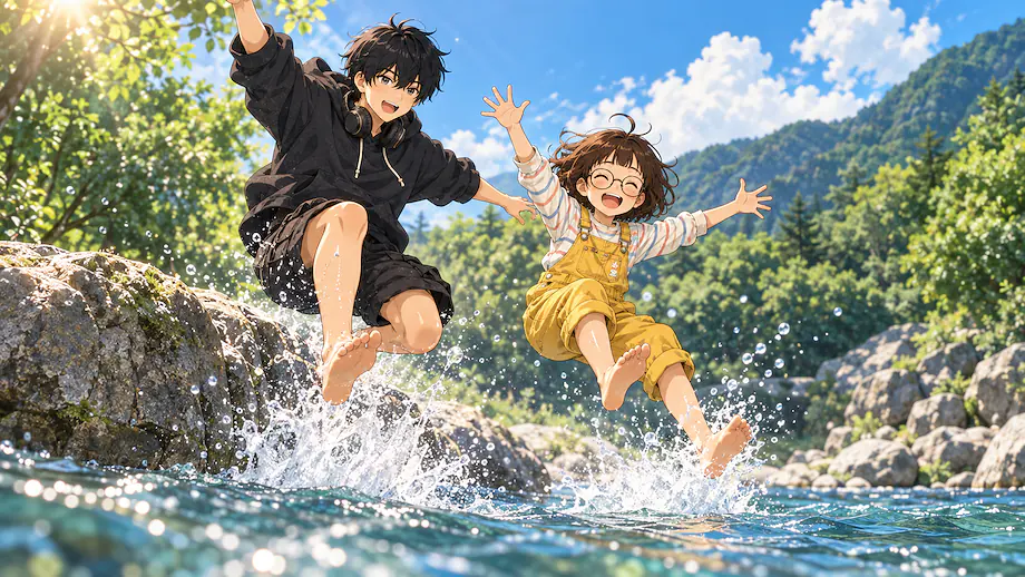 Illustration of the scene described by Because it was hot, everyone jumped into the river!