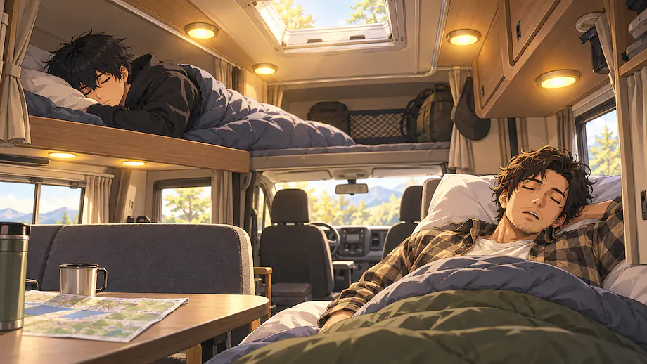 Illustration of the scene described by I ended up falling asleep with the campervan lights left switched on.