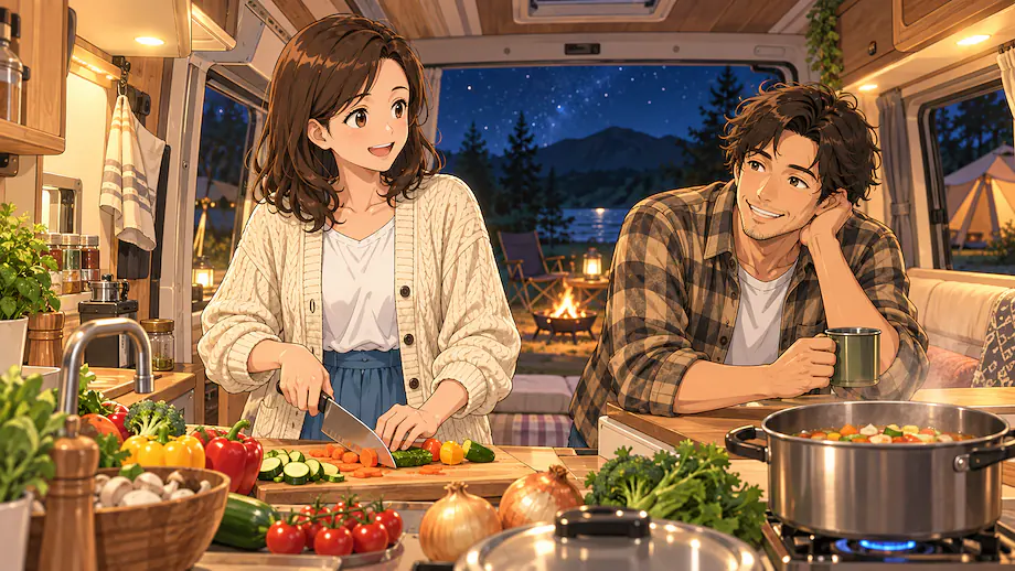 Illustration of the scene described by On camping nights, because it is so fun, we tend to stay up late.