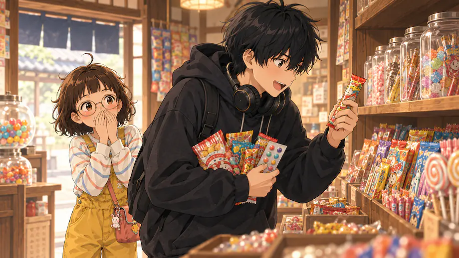 Illustration of the scene described by Even though Ren is a high school student, he is somewhat childish when picking out sweets.