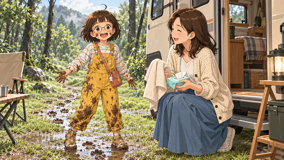 Illustration of the scene described by Mei, who went exploring the woods after the rain, came back covered all in mud.