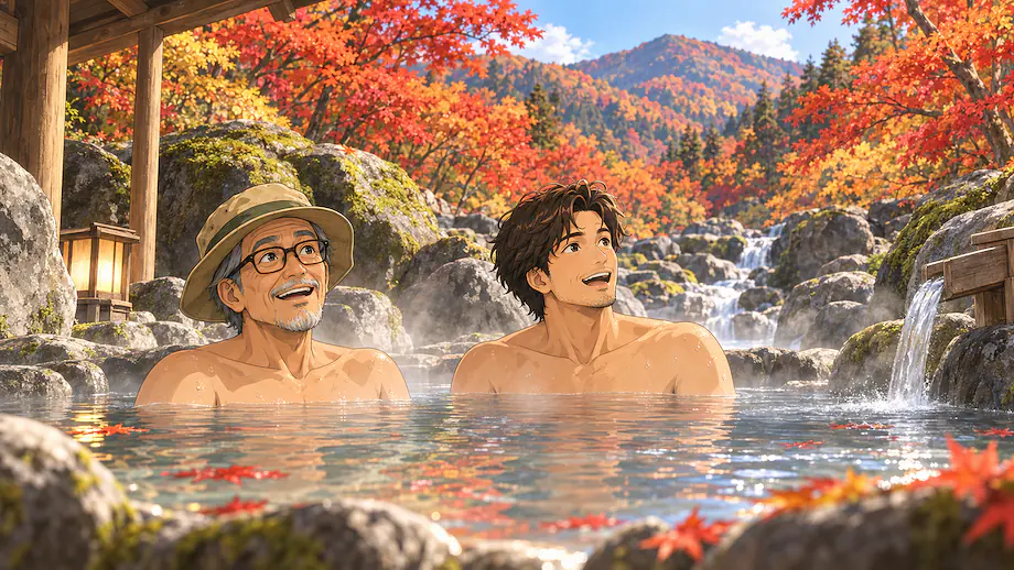 Illustration of the scene described by To find such a marvelous hot spring deep in the mountains is a sight hard to believe.