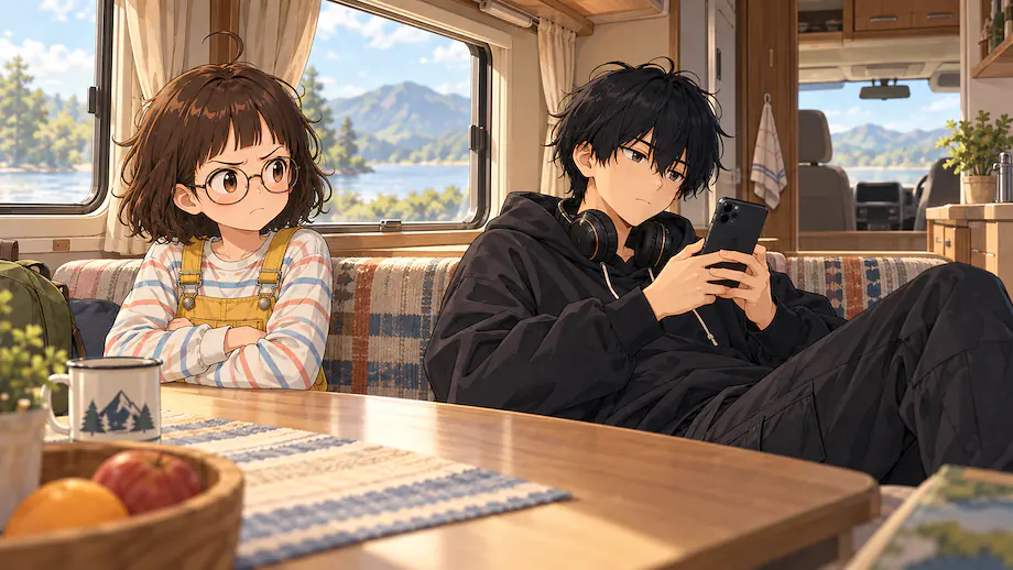 Illustration of the scene described by Even on a camping trip, Ren does nothing but look at his phone.