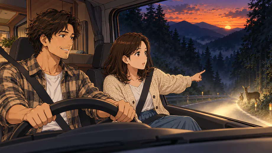 Illustration of the scene described by As the sun sets, it only keeps getting darker and darker inside the mountains.