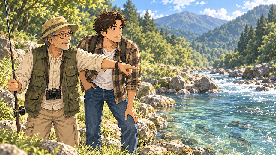 Illustration of the scene described by When I was a child, I often used to fish in this river with my father.