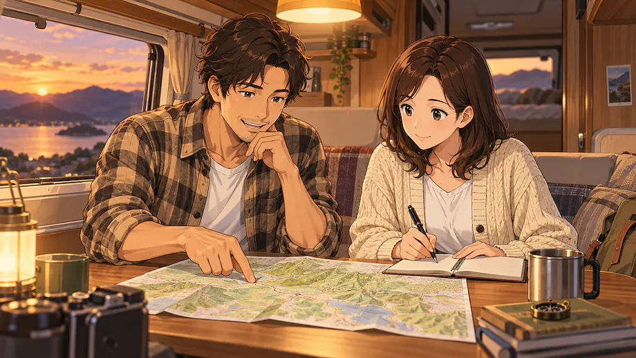 Illustration of the scene described by Kenta read the map carefully and decided the route to the next destination.
