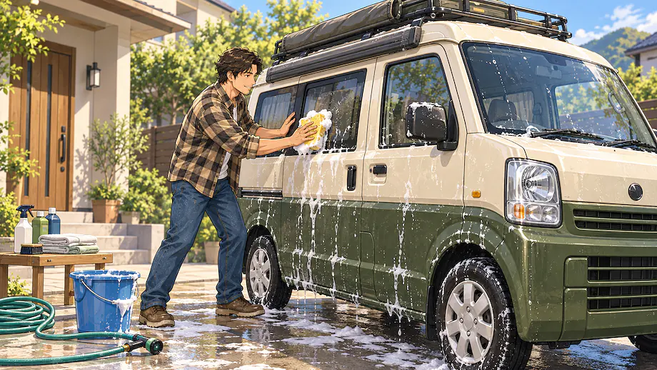 Illustration of the scene described by My father is carefully washing the car.