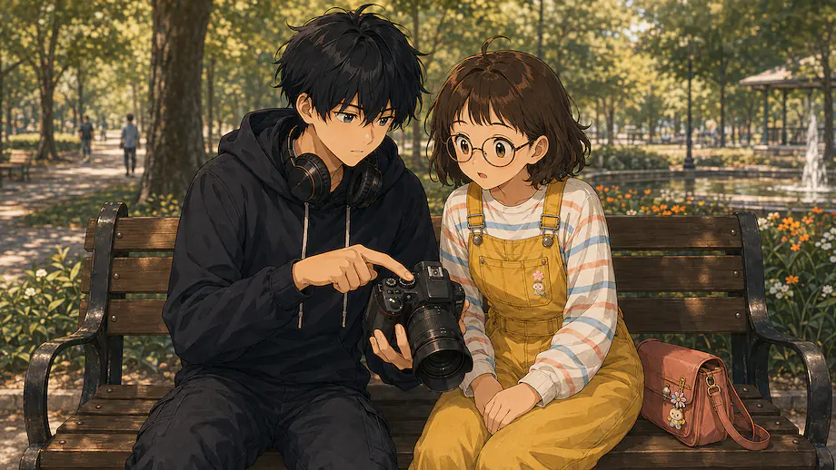 Illustration of the scene described by Ren teaches Mei how to use the camera.