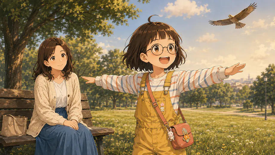 Illustration of the scene described by Mei spreads both arms like a bird.