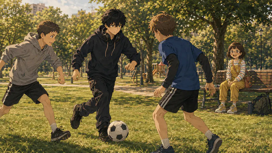 Illustration of the scene described by Ren and his friends are playing soccer in the park.