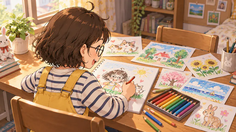 Illustration of the scene described by Mei likes drawing pictures.