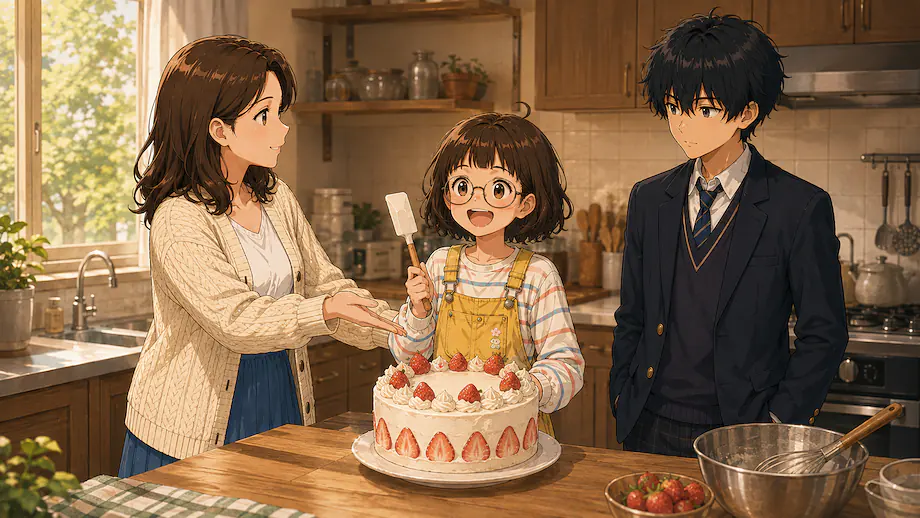 Illustration of the scene described by The person who made this cake is Mei.