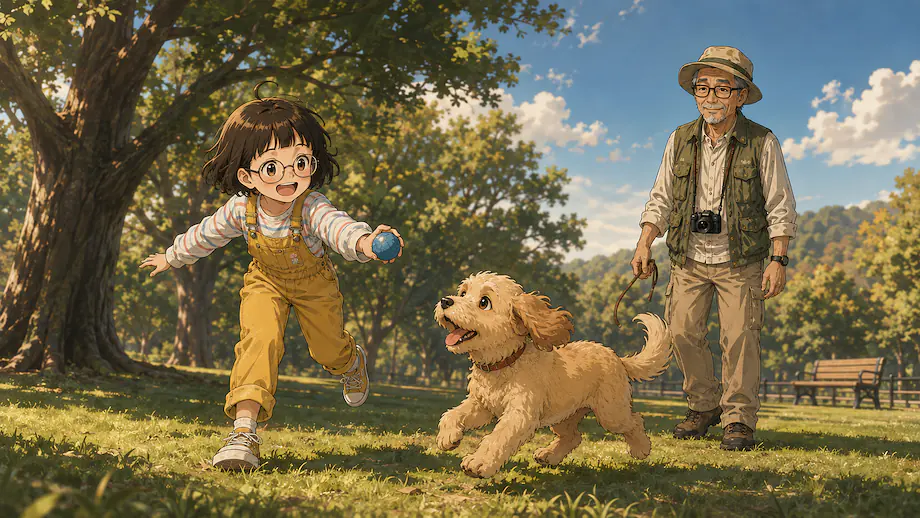 Illustration of the scene described by Mei is playing with a dog called Pochi.