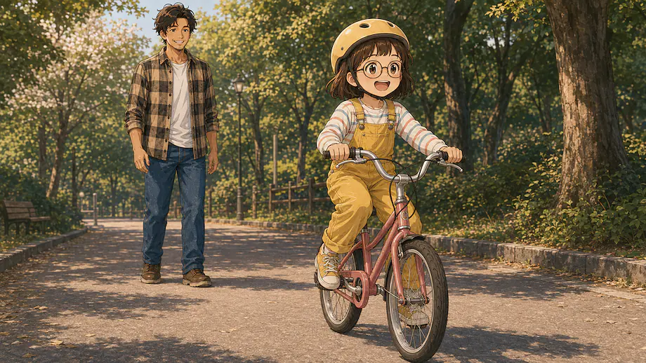 Illustration of the scene described by Mei can ride a bicycle.