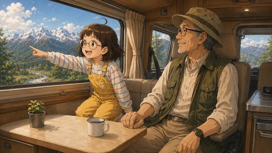 Illustration of the scene described by I can see mountains from the window.
