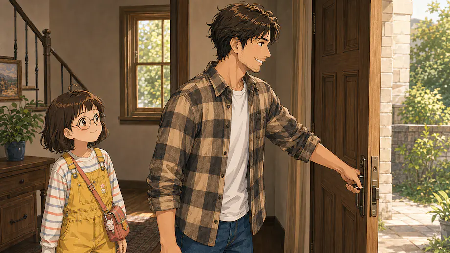 Illustration of the scene described by My father opens the door.