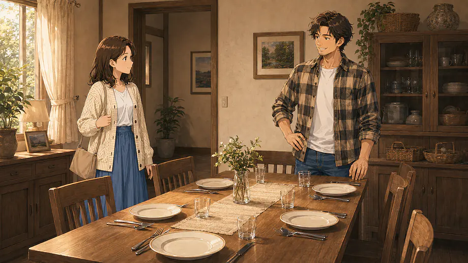 Illustration of the scene described by Plates have been laid out on the table.