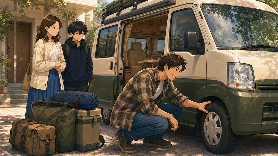 Illustration of the scene described by My father checks the car in advance of the trip.