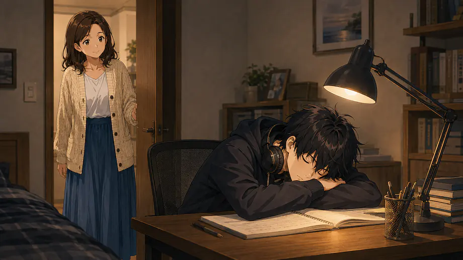 Illustration of the scene described by Ren slept with the light left on.