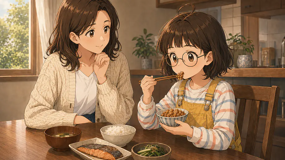 Illustration of the scene described by Mei tries eating natto.