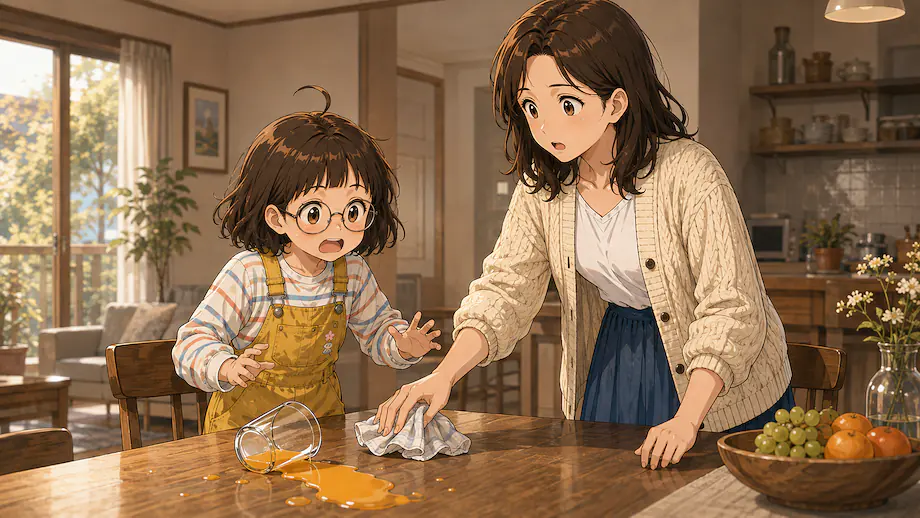 Illustration of the scene described by Mei accidentally spilled her juice.